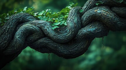  Thick intertwined tree trunks with lush green leaves in forest setting, creating natural braided pattern. Highlights strength, growth, and connection in wild nature environments.