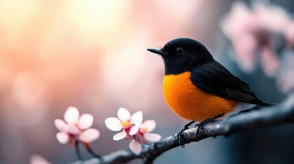 Fototapeta premium A small bird sitting on a branch with pink flowers