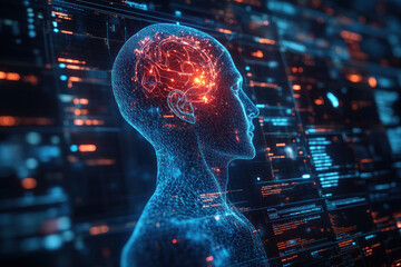 a digital profile of a human head, created in the style of a hologram or 3D mesh model