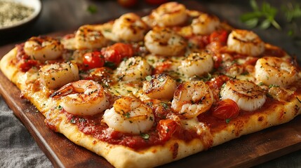  Italian-style seafood pizza topped with large prawns, seared scallops, and cherry tomatoes on a hand-tossed crust, combining Mediterranean flavors with gourmet appeal.