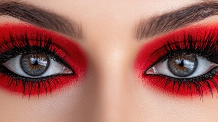 Obraz premium a close up of a woman's eye with red makeup