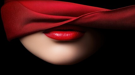 Fototapeta premium A close up of a woman's face with a red scarf covering her eyes