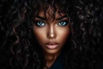 Fototapeta premium Long hairdo - curly hair. Gorgeous very startled mixed-race girl - for ads, brochure and social online ad marketing use. Commercial promotion idea. Colored hair inspiration. Long hair art.