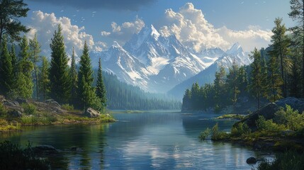 Naklejka premium Serene Mountain Lake Landscape: A Breathtaking Vista of Majestic Peaks and Tranquil Waters