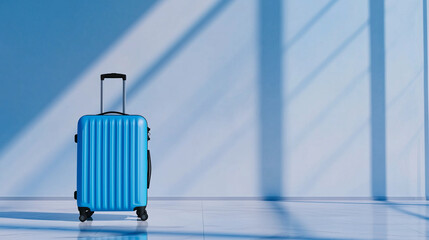 A vibrant blue suitcase with a minimalist design stands alone on a spotless white background, radiating a sense of adventure and the warmth of a summer sunrise.