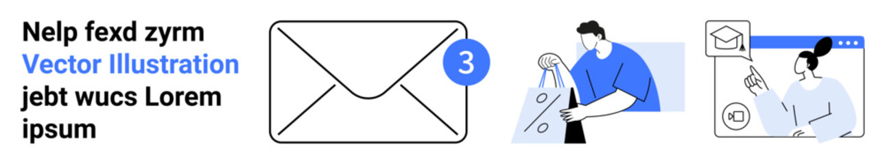 Envelope icon with notification badge, person interacting with a smartphone, digital interface with chat elements. Ideal for messaging, communication, email alerts, notifications, social interaction