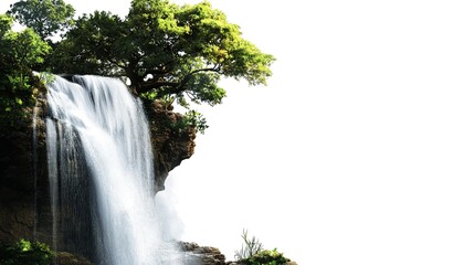 Forest-Themed Waterfall with Hilltop Landscape Illustration on White Background