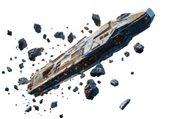 Space debris floating near a spaceship, illustrating the challenges of space travel