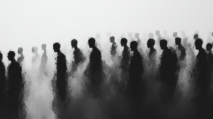  Monochrome abstract crowd silhouette featuring a dense grouping of human figures in black and grey shades, blending together to form a wave-like, continuous shape.