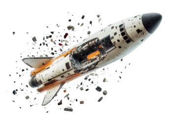 Space debris floating in the vacuum of space near a futuristic spaceship design