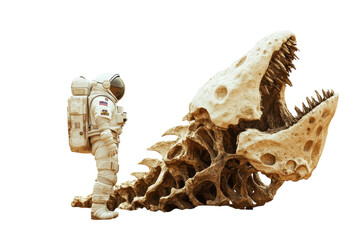 Obraz premium A Space Explorer Discovering a Massive Alien Fossil on an Uncharted Planet Surface