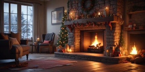 Obraz premium A festive holiday scene in front of the fireplace, mantel, home decor, festive trimmings