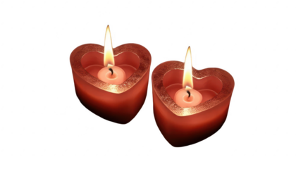 A pair of glowing heart-shaped candles, casting a soft, warm light in a dark room, surrounded by soft flickers of light, only on a transparent PNG background 