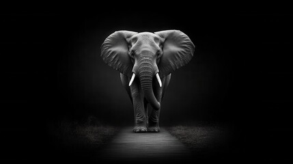 Naklejka premium A black and white photo of an elephant walking down a dirt road