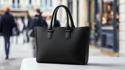 A black handbag sitting on top of a white table