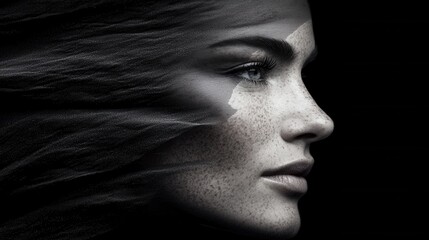 A woman with freckles on her face and long hair