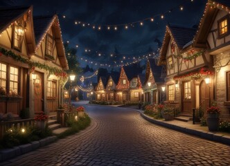 Obraz premium A festive holiday village with lights and decorations, Christmas trees, twinkling string lights, festive window displays