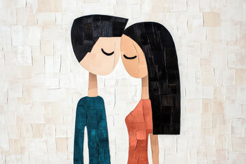Abstract artwork of a couple in a tender pose with textured colors on a neutral background, representing love and connection