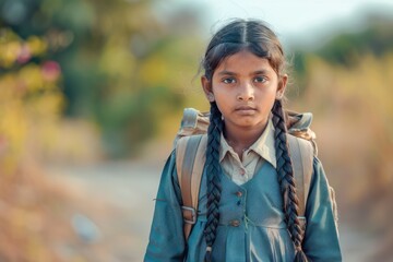 Fototapeta premium Confident rural Indian school girl standing with backpack