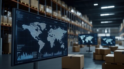 Large warehouse interior. Screens show global inventory management software with world map. Multiple monitors display data analysis. Boxes, pallets full of cargo visible in warehouse environment.