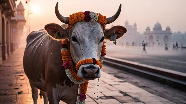 decorated, cow ,a city ,the background in India, 