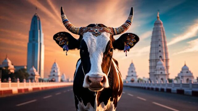 decorated, cow ,a city ,the background in India, 