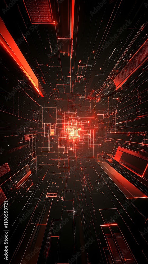 Poster abstract digital tunnel with glowing red lines