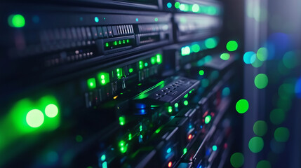 Naklejka premium A modern data center showcasing rows of high-performance servers, bathed in a digital green and blue light, representing a hub of advanced technological operations.