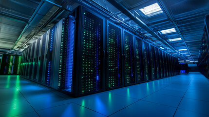 A futuristic server room filled with advanced data servers under a mesmerizing green and blue light, illustrating a high-tech, digitally driven environment.