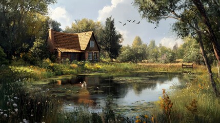 Obraz premium Old house in the countryside, oil paintings landscape with a pond and a house, fine art
