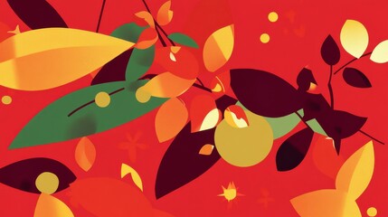 Abstract Botanical Art: Vibrant Floral Design with Bold Leaf Shapes and Colors