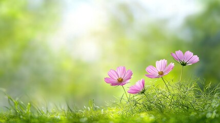 A group of pink flowers sitting on top of a lush green field