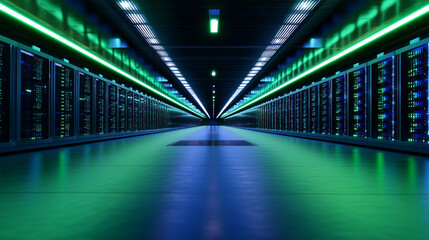 A dynamic digital environment within a data center, where rows of servers are lit in green and blue hues, symbolizing the future of data storage and high-tech infrastructure.
