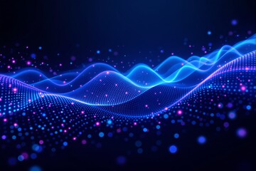 Abstract glowing blue and purple wave with dot particles, on a dark background. Represents futuristic, technology, or digital concepts