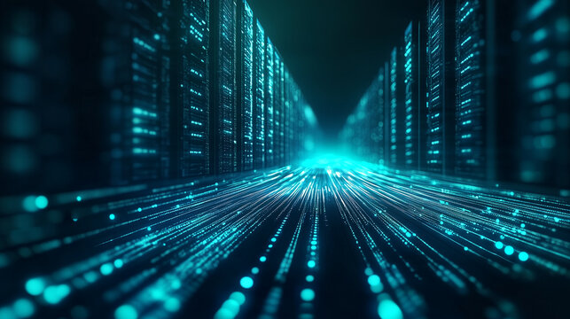 A modern data center with rows of servers emitting a digital glow in blue and green, offering a visually striking representation of innovation in technology and data management.