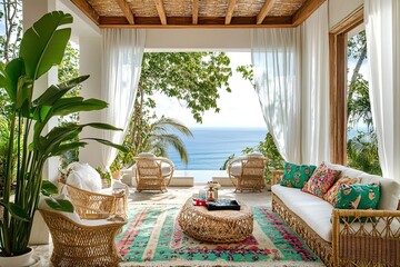 Fototapeta premium Oceanview Tropical Patio With Rattan Furniture And Colorful Pillows