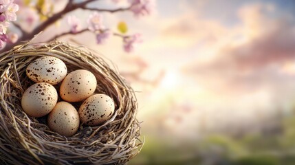 Obraz premium A nest filled with eggs sitting on top of a tree branch