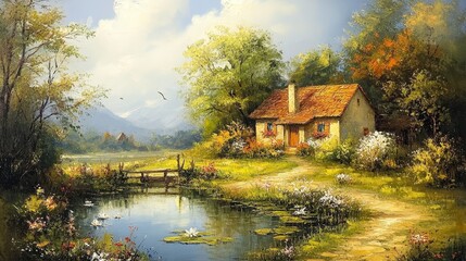 Fototapeta premium Old house in the countryside, oil paintings landscape with a pond and a house, fine art