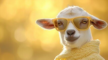 A goat wearing a yellow sweater and yellow sunglasses
