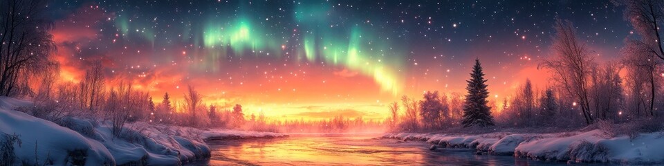 Fototapeta premium Enchanted Winter Wonderland: Aurora Borealis over Frozen River
