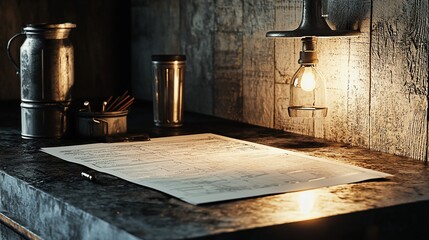 Blueprint on a dark desk with metal containers and a hanging lamp.