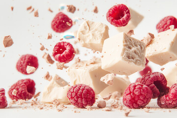 Dynamic close-up of white chocolate and raspberries mid-air with crumbs, showcasing a playful and delicious dessert concept