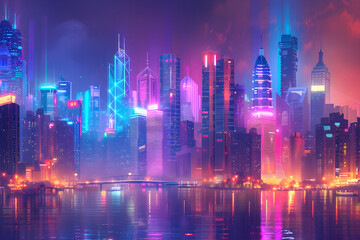 Twilight Vista over Dazzling Neon Cityscape: Urban Beauty meets Natural Splendor