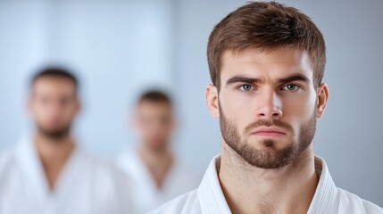 Obraz premium A man in a white kimono standing in front of a group of people