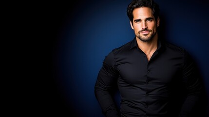 Obraz premium A man in a black shirt is posing for a picture