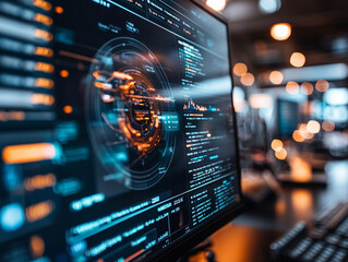 Ai-generated insights dual monitor setup with vibrant data dashboards in a tech office environment