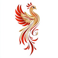 Fototapeta premium A stylized phoenix with vibrant red and gold feathers, symbolizing rebirth and strength, elegantly poised in a dynamic, flowing design.
