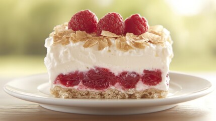 A slice of raspberry cheesecake on a white plate