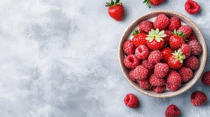 A bowl of raspberries and strawberries on a gray background
