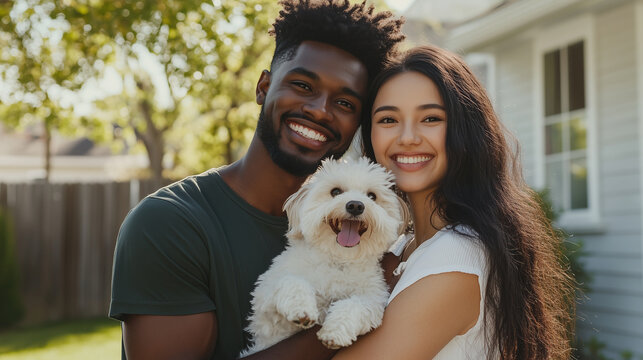 A couple of different ethnicities holding their pet dog in their arms while smiling in their backyard, showcasing the joy of family life. - Powered by Adobe
